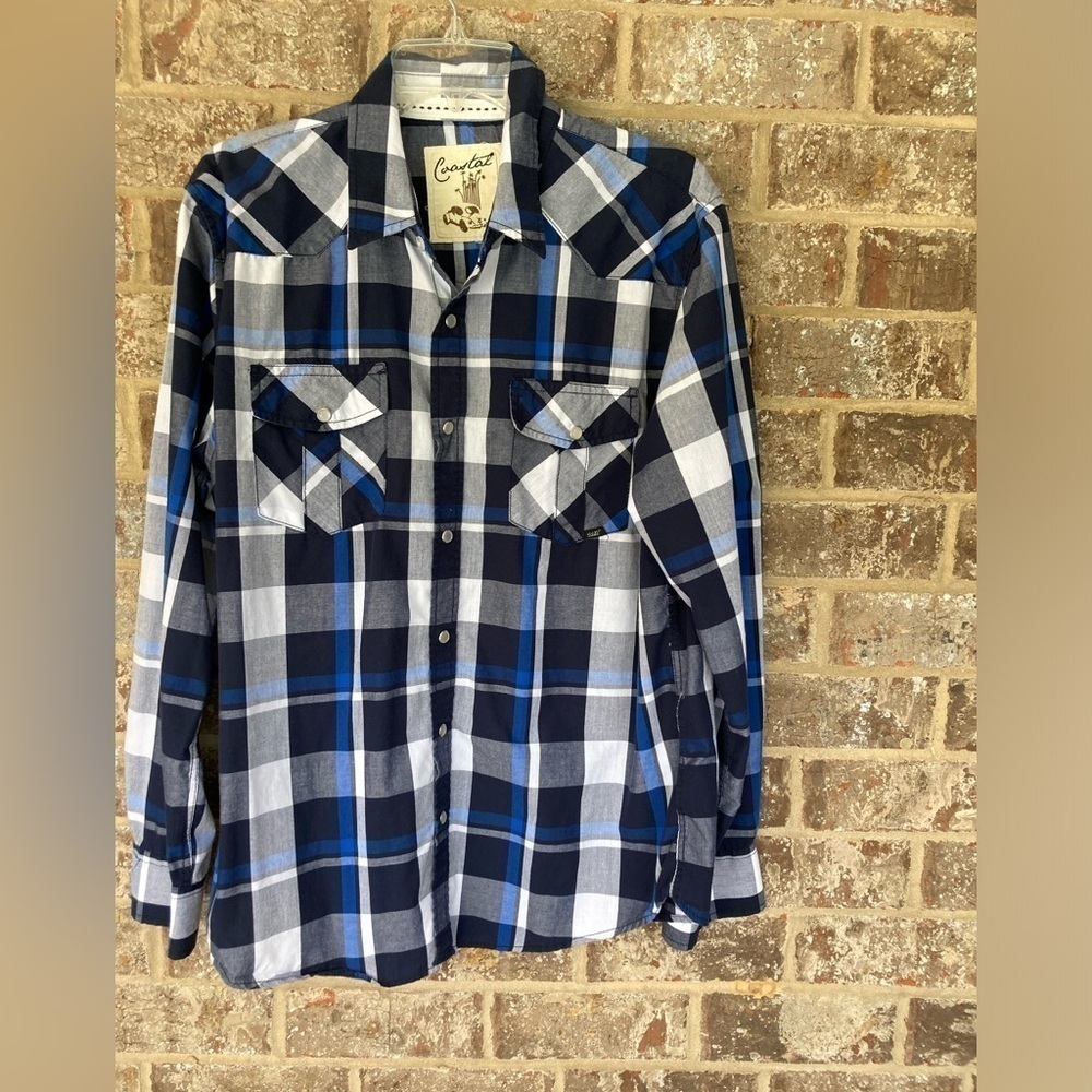 Coastal men’s pearl snap shirt size L blue & white plaid long sleeve Vintage
